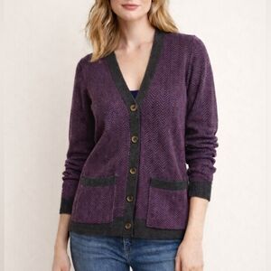J. Crew Women Purple Herringbone V-Neck Long Cardigan with Gray Trim Size XL